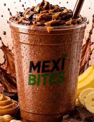 Creamy Chocolate Banana smoothie in a MexiBites cup, from the MexiBites menu flyer