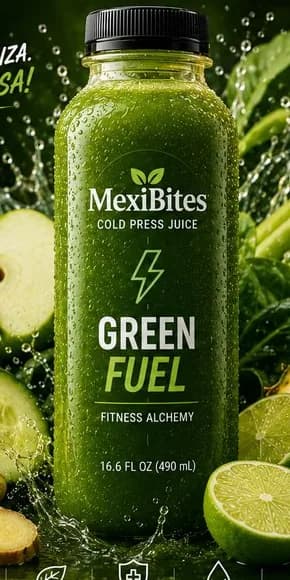 A bottle of Green Fuel cold press juice with green apple and cucumber, from the MexiBites flyer