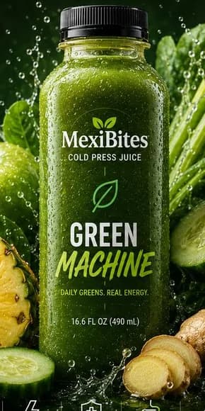 A bottle of Green Machine cold press juice with celery and spinach, from the MexiBites flyer