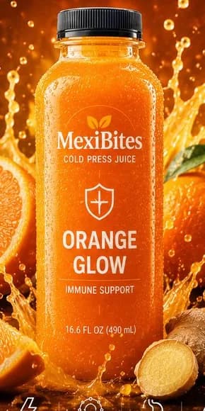 A bottle of Orange Glow cold press juice with oranges and ginger, from the MexiBites flyer