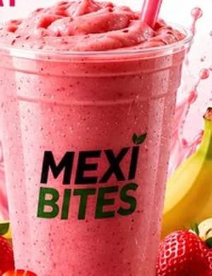 Strawberry Banana smoothie in a MexiBites cup, from the MexiBites menu flyer